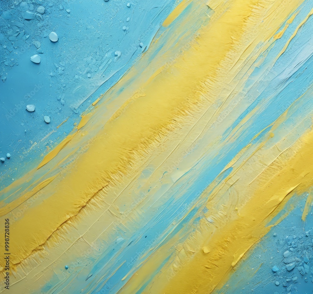 Poster a close-up view textured abstract painting with a diagonal pattern of yellow and blue brushstrokes