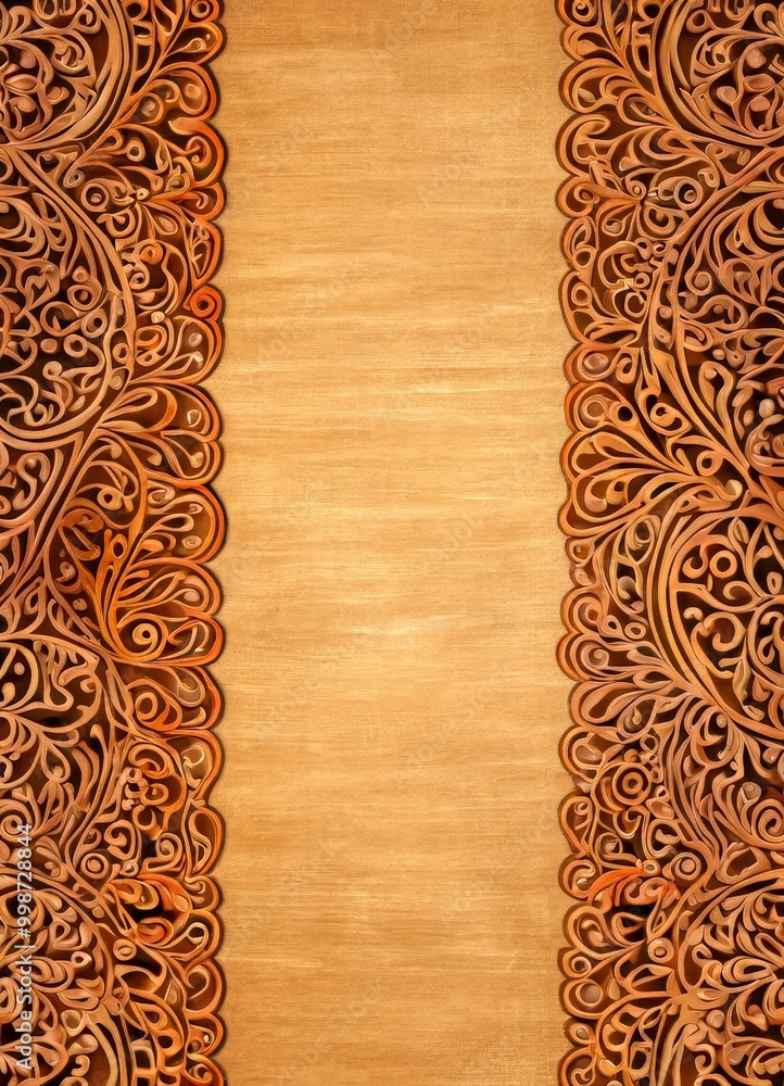 Poster a decorative wooden panel with intricate floral and leaf patterns on either side central blank space
