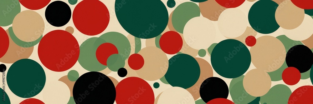 Poster a vibrant abstract pattern composed of overlapping circles in various colors, including red, green, black, and beige, creating a visually striking and dynamic composition