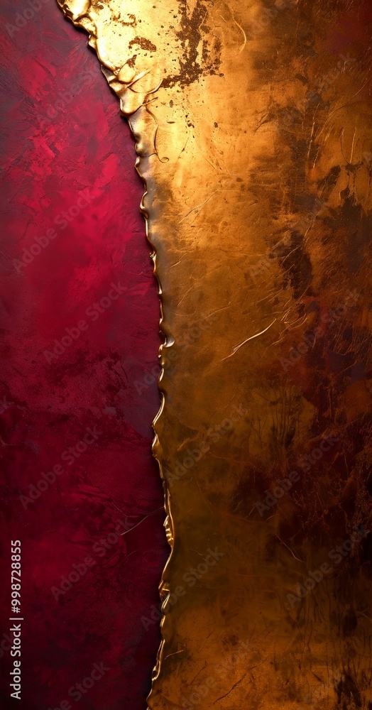 Poster a striking abstract composition with a deep red and gold color palette the left side of dominated by