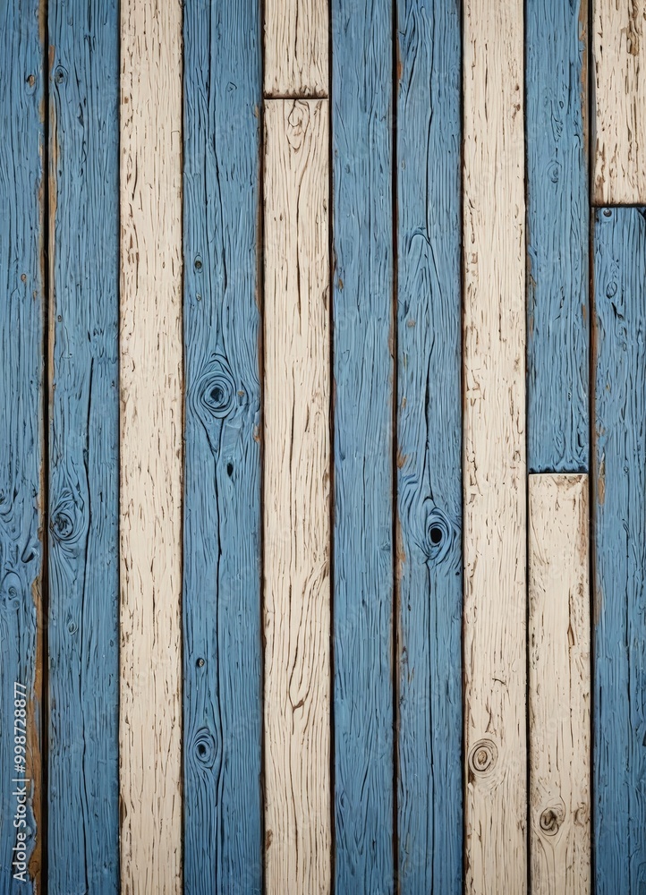 Poster a close-up wooden surface with vertical planks painted in blue and white, featuring visible grain an