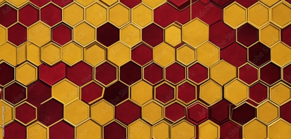 Poster A repeating pattern of hexagonal shapes in red and gold colors, arranged in a grid-like fashion