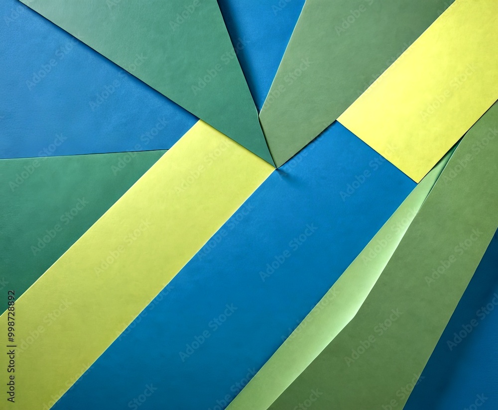 Poster a geometric pattern composed of overlapping paper shapes in various shades of blue, green, and yello