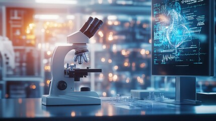  modern microscope in an empty laboratory setting, with holographic images on the screen and lab equipment visible in the background