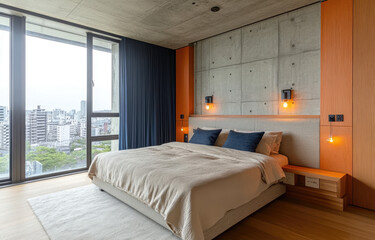 A bedroom with an orange and navy blue color scheme, featuring concrete walls, a bed made of fabric with copper accents