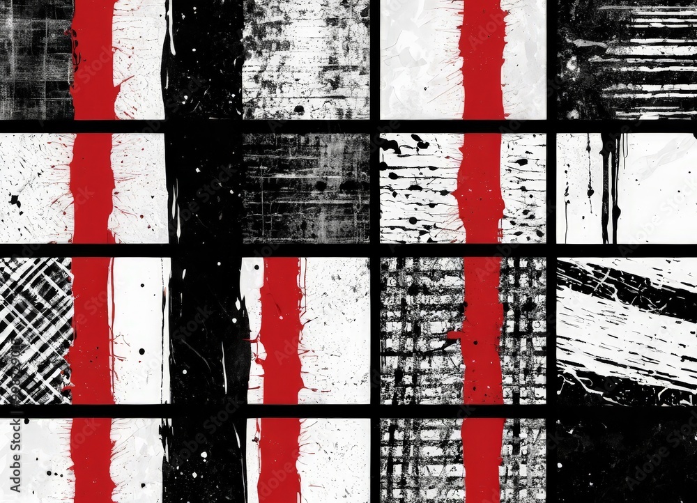 Fototapete the contains a grid of abstract patterns with various textures and colors, including red, black, whi
