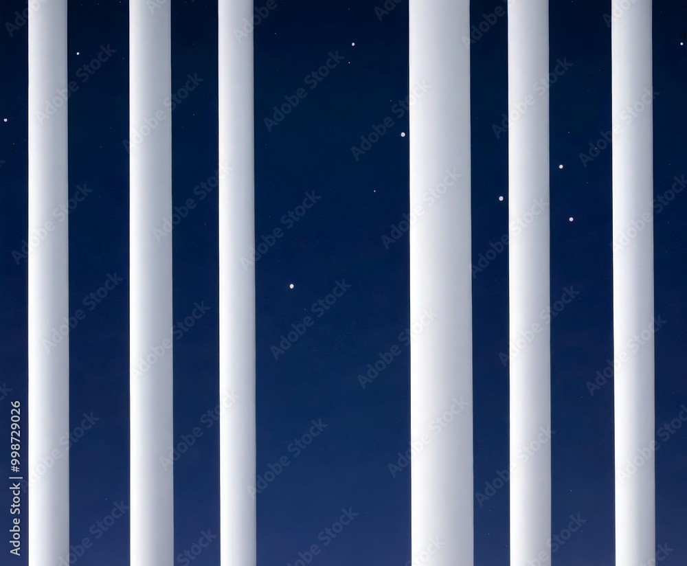 Poster a series of white columns arranged in a vertical line against a dark blue background, with small white dots scattered throughout the frame