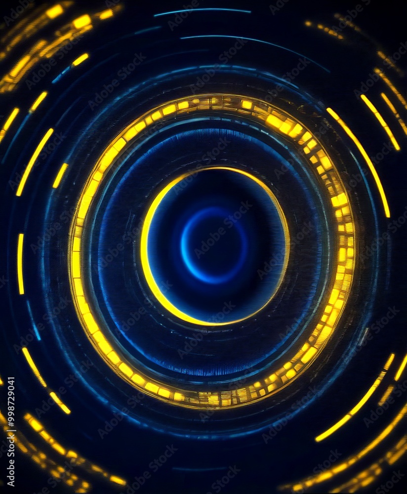 Poster a circular pattern of yellow and blue lights, creating a mesmerizing and futuristic visual effect.