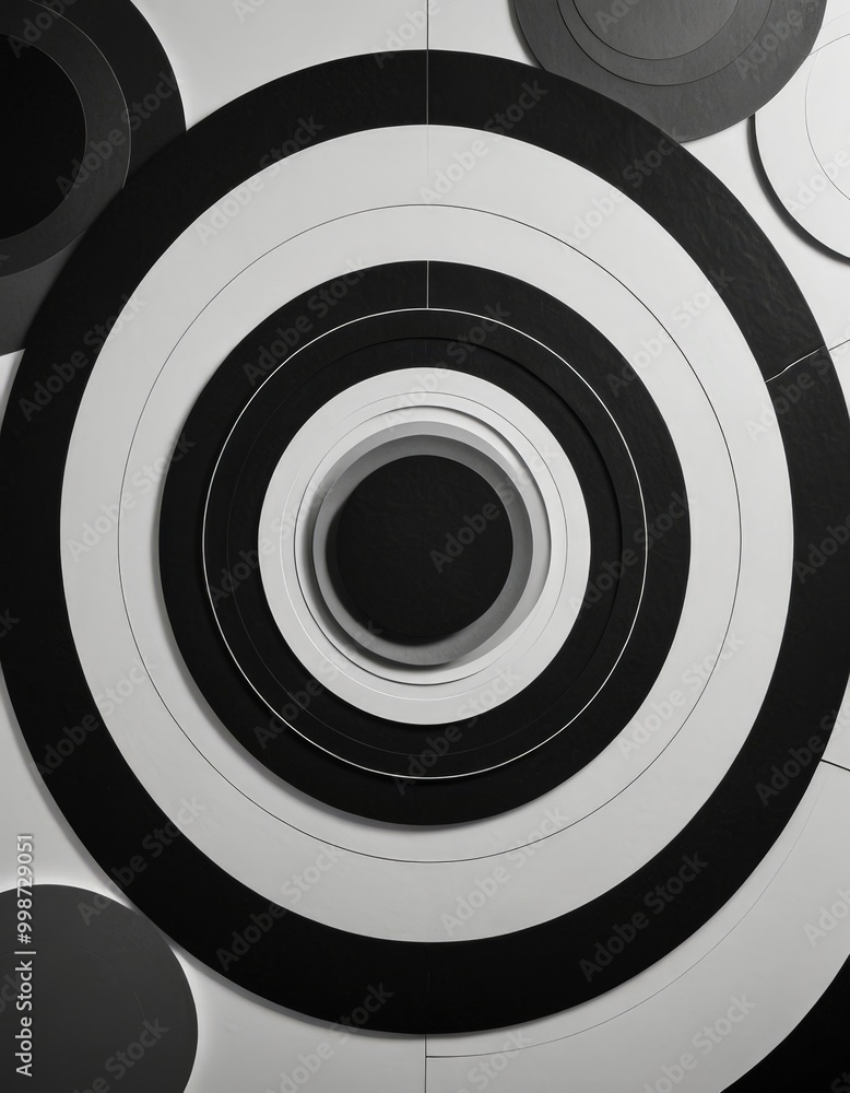 Poster a black and white abstract composition featuring concentric circles of varying sizes, creating a sense of depth and dimensionality