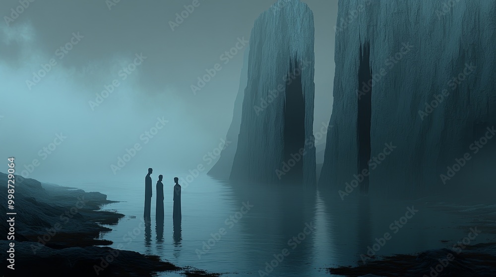 Poster a serene landscape with mysterious figures standing in fog, surrounded by towering cliffs and calm w