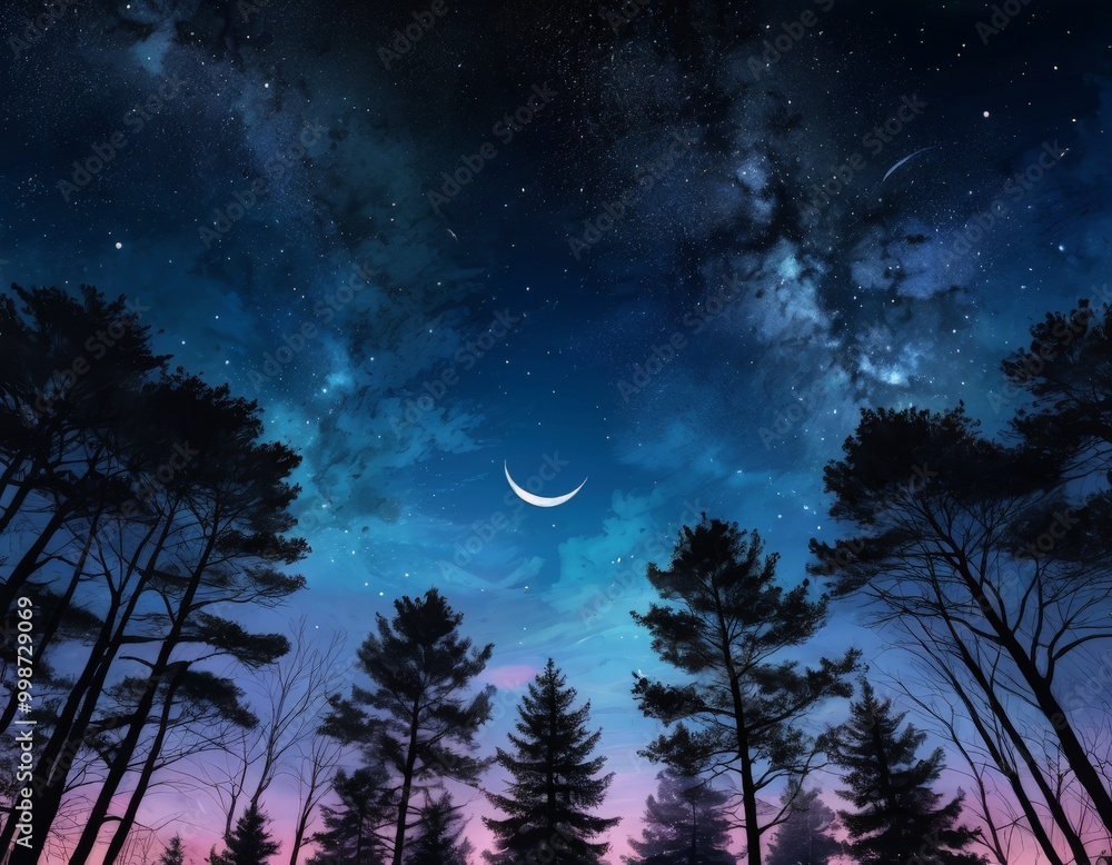 Aufkleber a crescent moon hangs in the night sky, casting a soft glow over a forest of trees silhouetted again