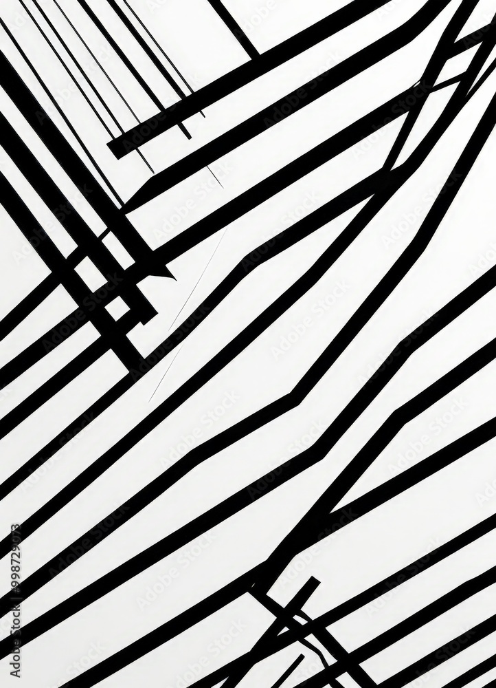 Poster a striking black and white abstract composition featuring intersecting diagonal lines, creating a sense of depth and movement