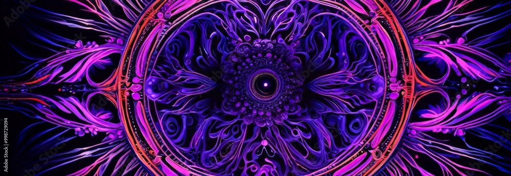 Fototapete a vibrant, abstract pattern with a central black circle surrounded by a ring of pink and purple line