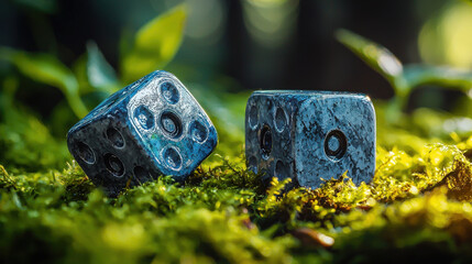 A pair of dice resting on soft moss, illuminated by gentle lighting, creates serene and earthy atmosphere. natural setting enhances beauty of dice, inviting sense of calm and tranquility