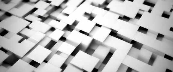 a black and white abstract composition featuring a grid-like pattern of overlapping white cubes, creating a sense of depth and complexity