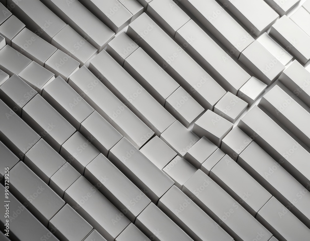 Poster a close-up view of a geometric pattern composed of numerous rectangular blocks arranged in a diagonal pattern, creating a sense of depth and complexity.