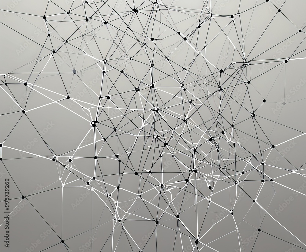 Poster a complex network of interconnected lines and dots, creating a visually striking abstract pattern The lines and dots are arranged in a random yet