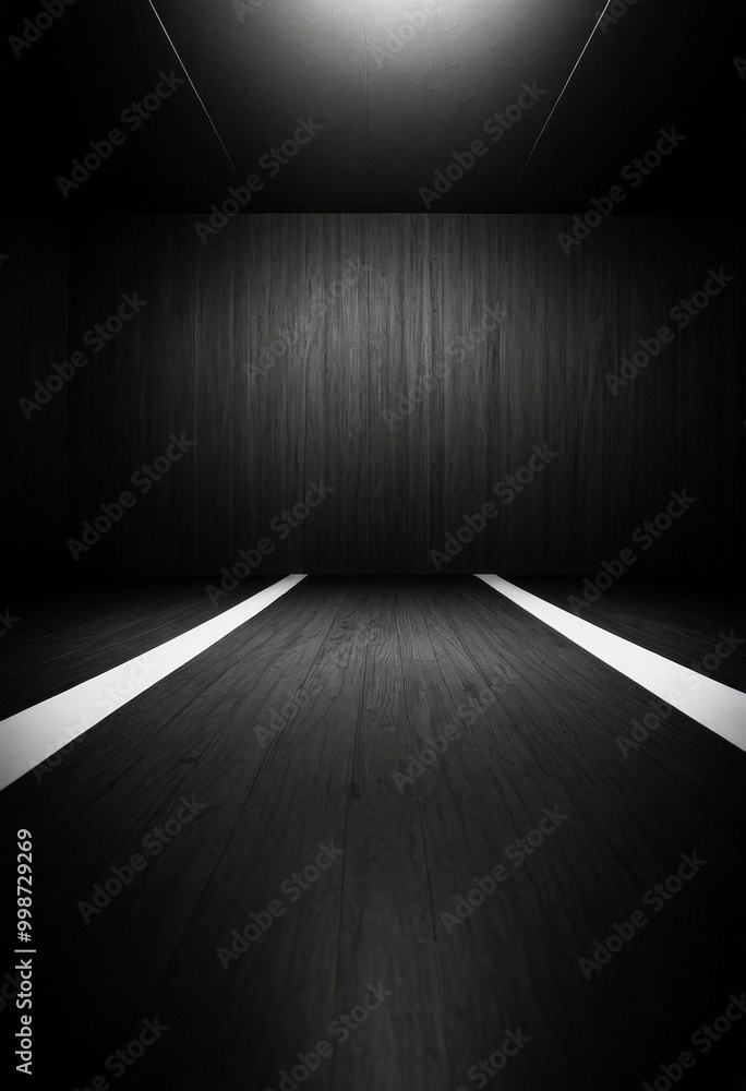 Aufkleber a dimly lit room with a wooden floor and white lines on the floor, creating a sense of depth and per