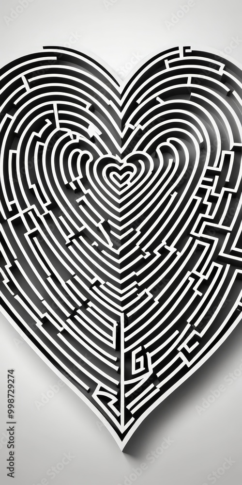 Poster A black and white heart-shaped maze with intricate patterns and a central heart-shaped element