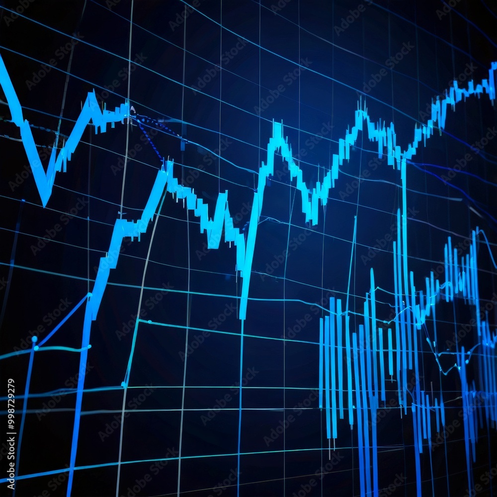 Poster the displays a financial chart with blue lines and points, representing stock market trends and fluc