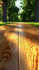 Fototapeta premium A serene path lined with trees, showcasing the beauty of nature and wooden planks under soft sunlight, inviting relaxation.