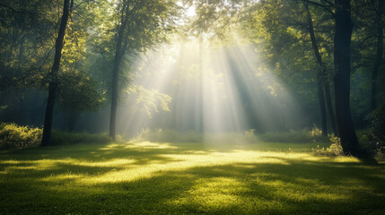Sun-Drenched Forest Clearing with Tranquil Beams of Light