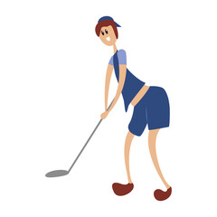 Cartoon flat teenager playing with a club. Person playing golf on the grass. A player holds a golf club in his hands