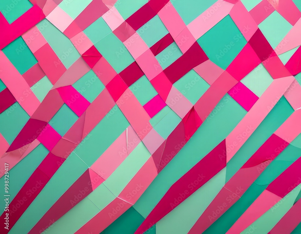 Poster a vibrant abstract composition of overlapping pink and green geometric shapes, creating a dynamic and visually striking pattern
