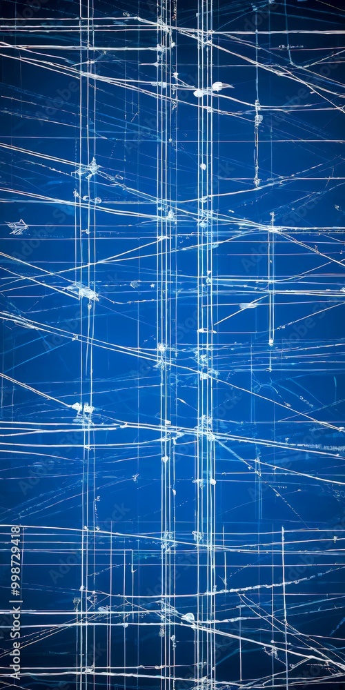 Poster a close-up blue grid-like pattern with white lines and dots, creating a textured and abstract visual effect
