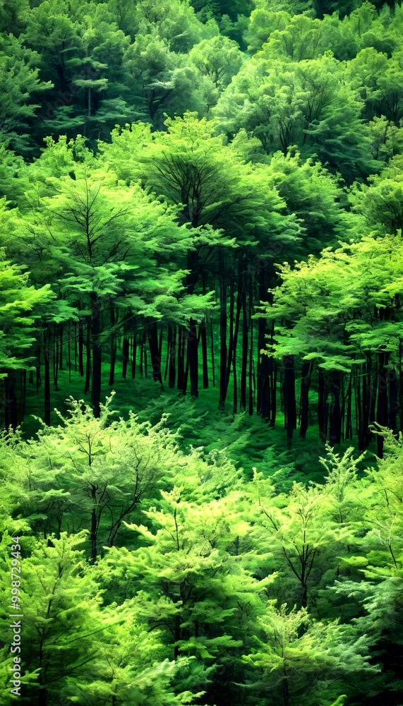 Poster a dense forest of tall trees with lush green foliage, creating a serene and tranquil atmosphere