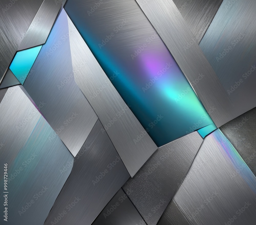 Fototapete a geometric pattern composed of intersecting metallic shapes in shades of gray, blue, and purple, creating a visually striking and abstract composition