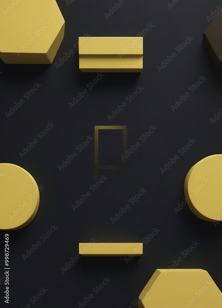 Poster a dark background with six yellow geometric shapes arranged in a symmetrical pattern, including a he