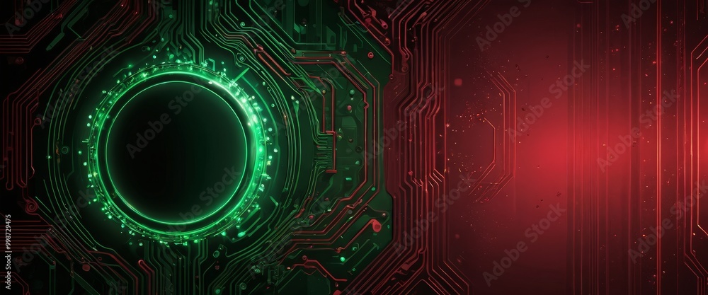 Aufkleber a striking contrast between a green circular element and a red background, with a complex circuit board pattern in the background