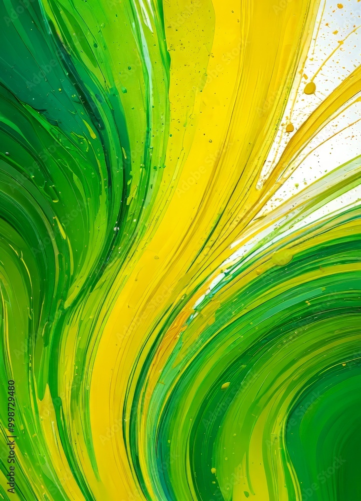 Poster a vibrant abstract composition of green and yellow paint strokes, creating a dynamic and energetic visual effect