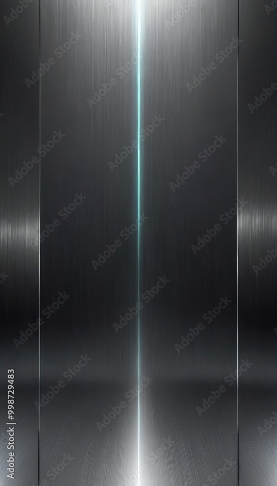 Poster a dark, metallic surface with a single, bright light shining through a vertical line, creating a sense of depth and perspective