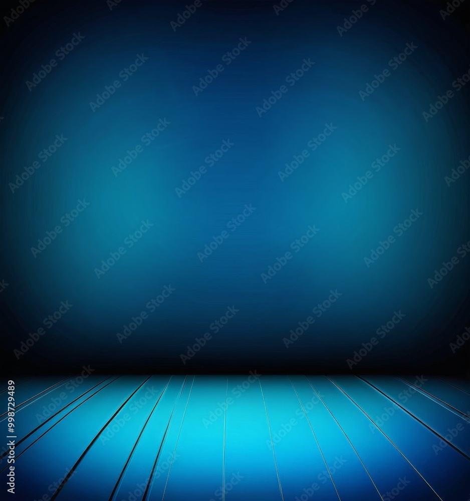 Poster a dark blue gradient background with a wooden floor in the foreground, featuring a series of parallel lines that create a sense of depth and perspective