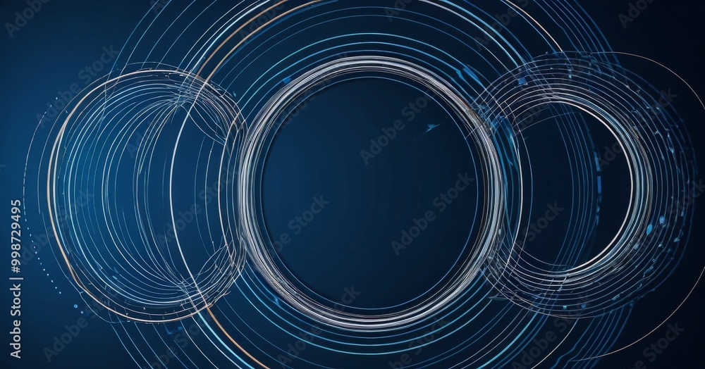 Fototapete a dark blue background with three concentric circles of varying sizes, each filled with a different color of blue and white lines A small bird is visible in the top right corner