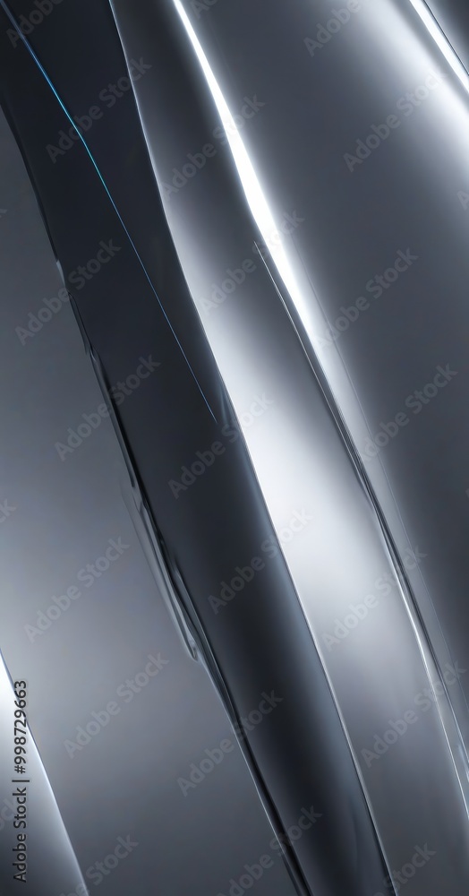 Poster a close-up view metallic surface with a dark gray hue, featuring a series of curved lines and a reflective, shiny appearance