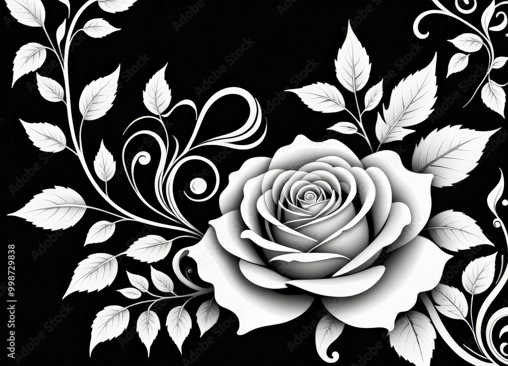 Poster a black and white image featuring a large rose with intricate floral designs surrounding it.