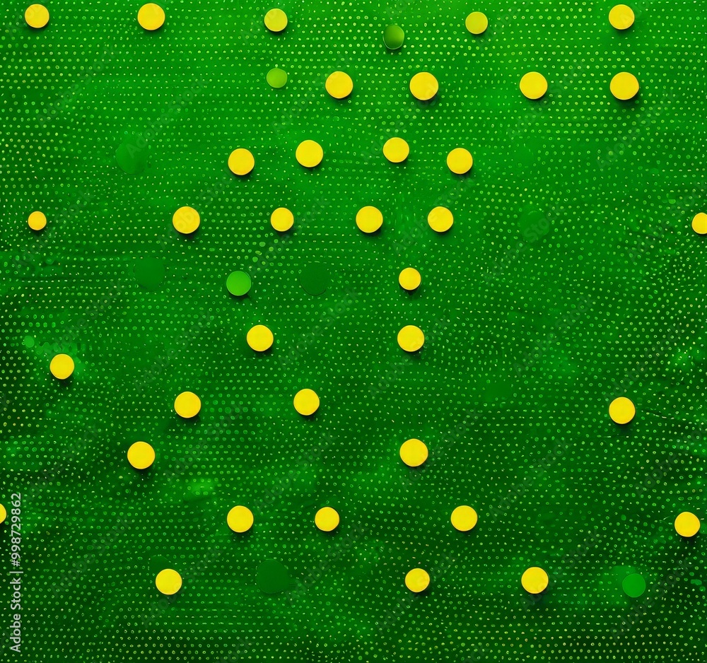 Poster a pattern of yellow circles scattered across a green background with a textured appearance.