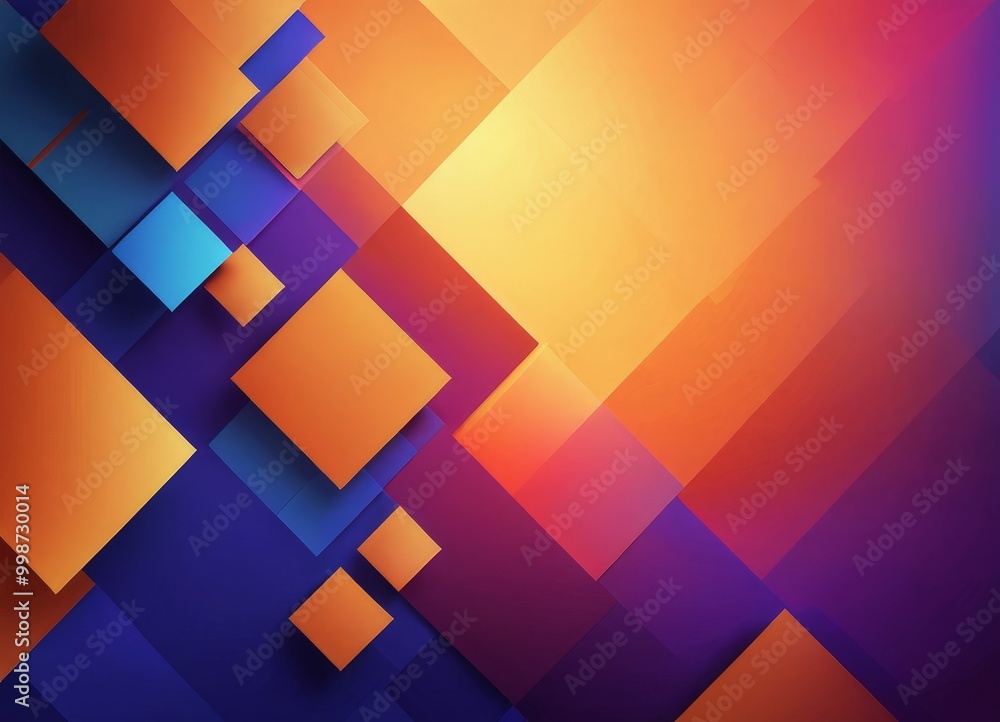 Poster a vibrant abstract composition of overlapping squares in various shades of orange, blue, and purple, creating a dynamic and visually striking pattern