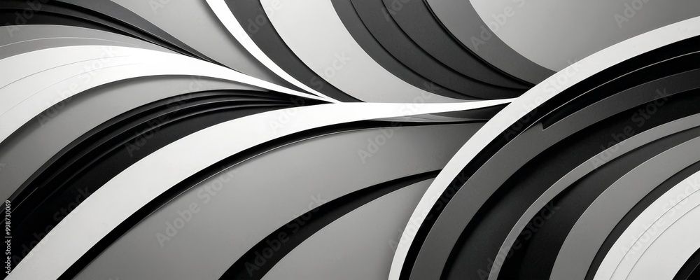 Poster a striking black and white abstract composition featuring curved lines and shapes that create a sens