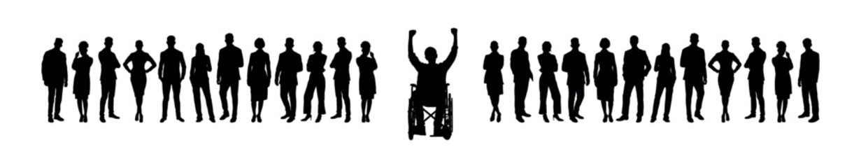 Man in wheelchair raising arms in front of group of people standing in row in black silhouettes. Disabled young man celebrating his success vector silhouette.