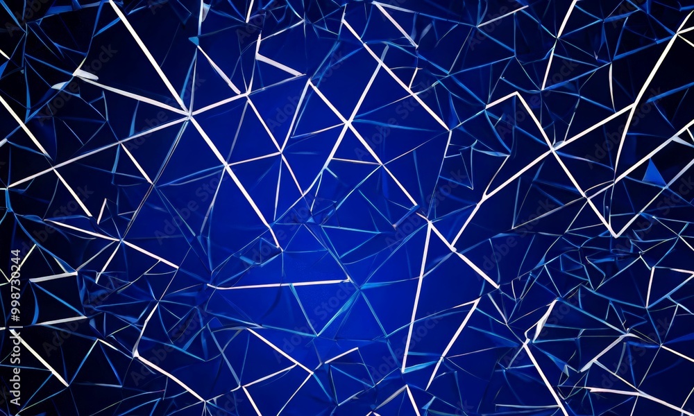 Poster a complex pattern of intersecting white lines and blue triangles, creating a visually striking and a
