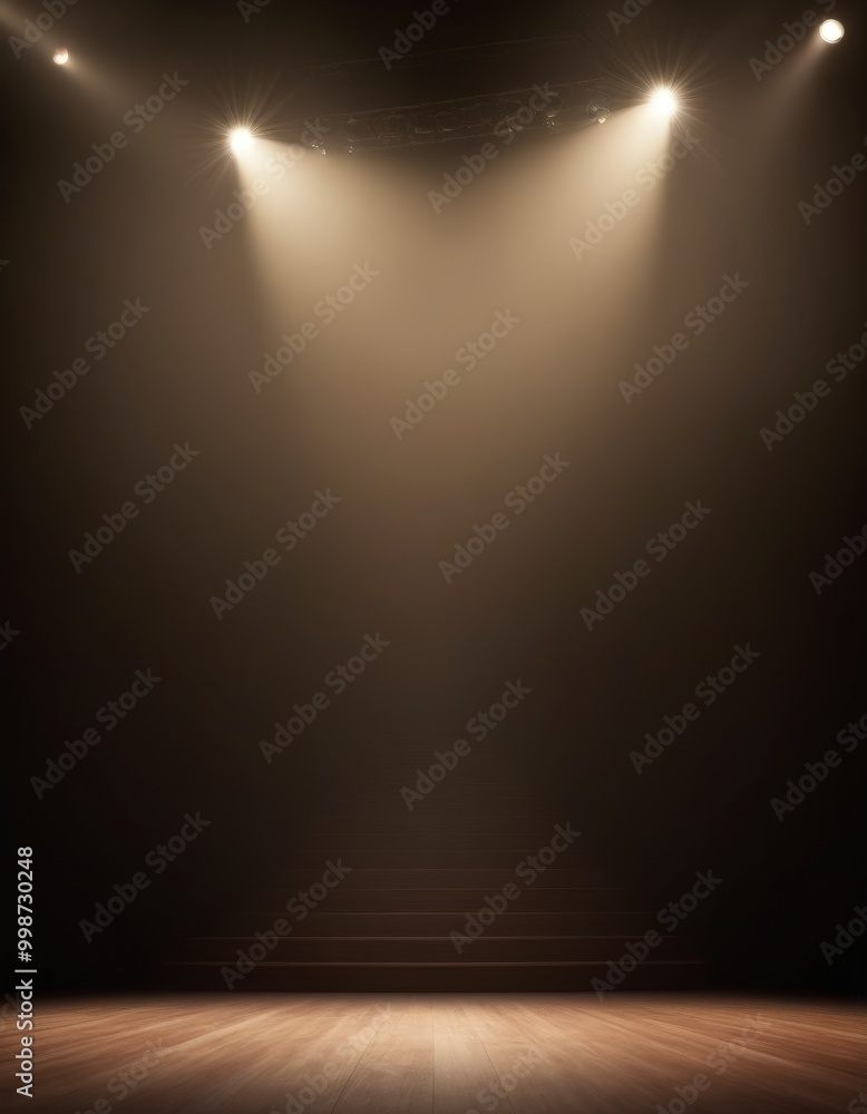 Poster a dimly lit stage with a wooden floor and a set of stairs leading up to a raised platform, illuminat
