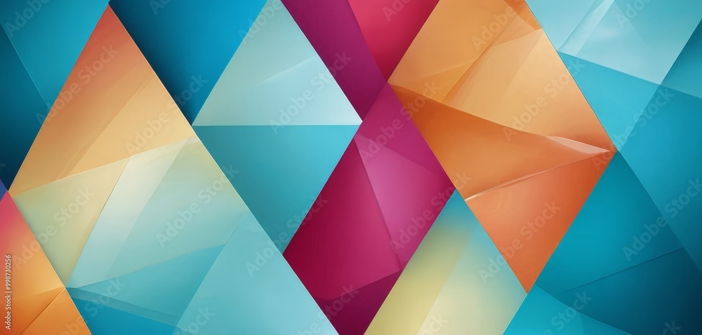 Poster a vibrant abstract composition of overlapping triangles in various shades of blue, orange, and pink, creating a dynamic and visually striking pattern