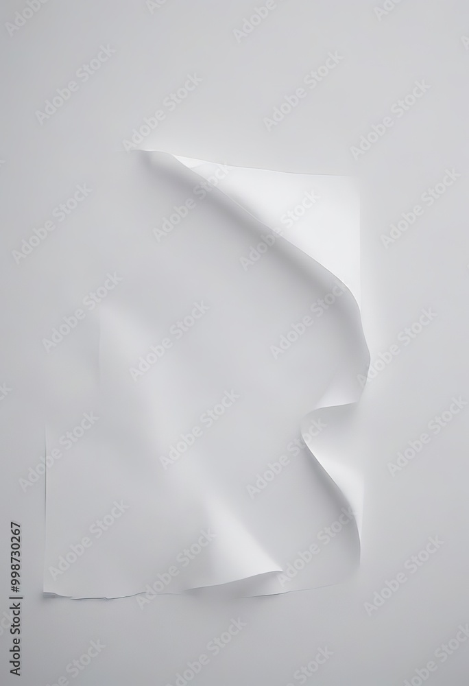 Fototapete A piece of white paper is crumpled and tilted to the right, creating a dynamic and abstract composition against a plain white background