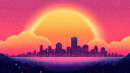 Colorful pixel art landscape with a futuristic city skyline, neon-lit buildings, and a glowing horizon