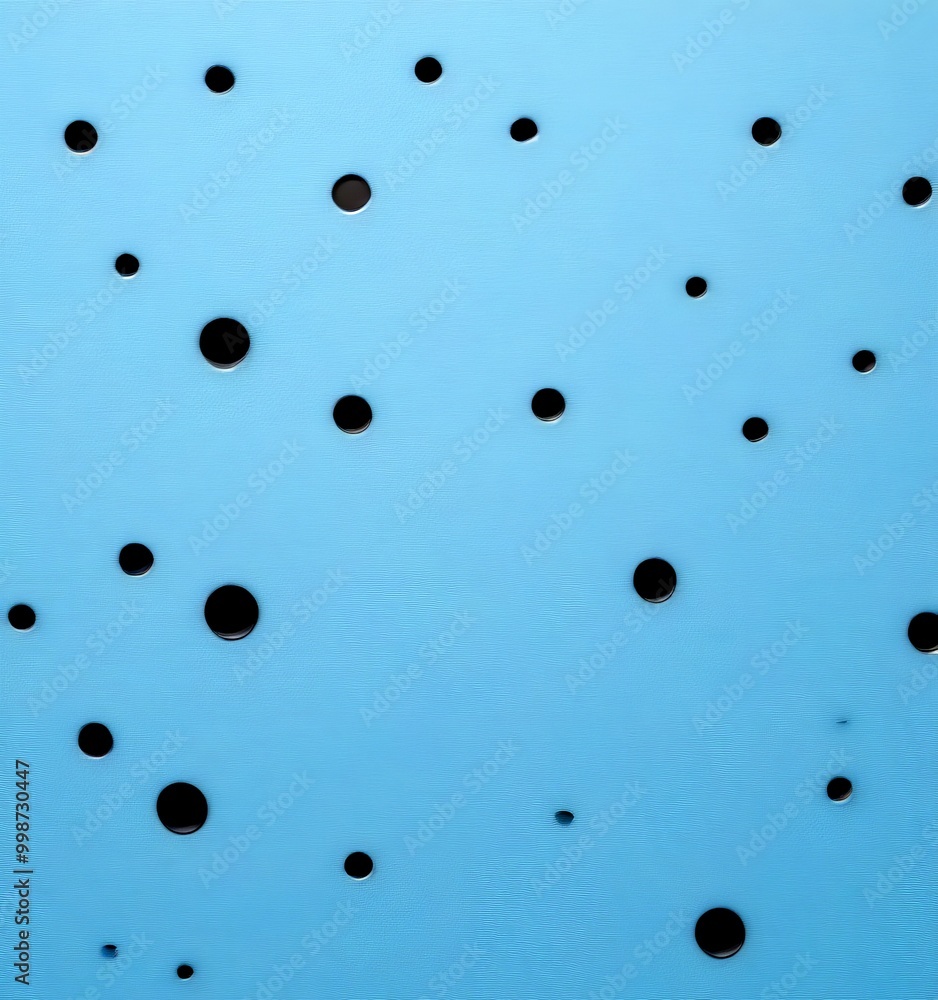 Poster a blue background with numerous black circular holes scattered across it, creating a visually striking pattern
