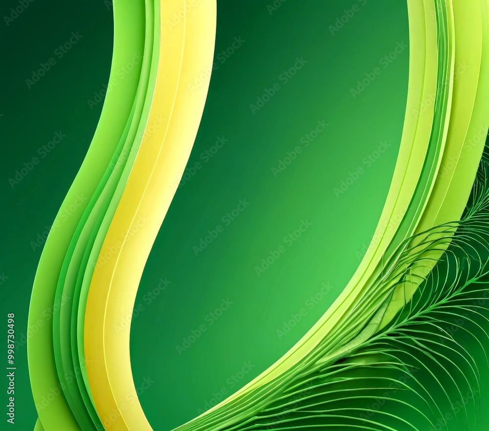 Poster a vibrant abstract composition with green and yellow curved lines, creating a dynamic and visually s